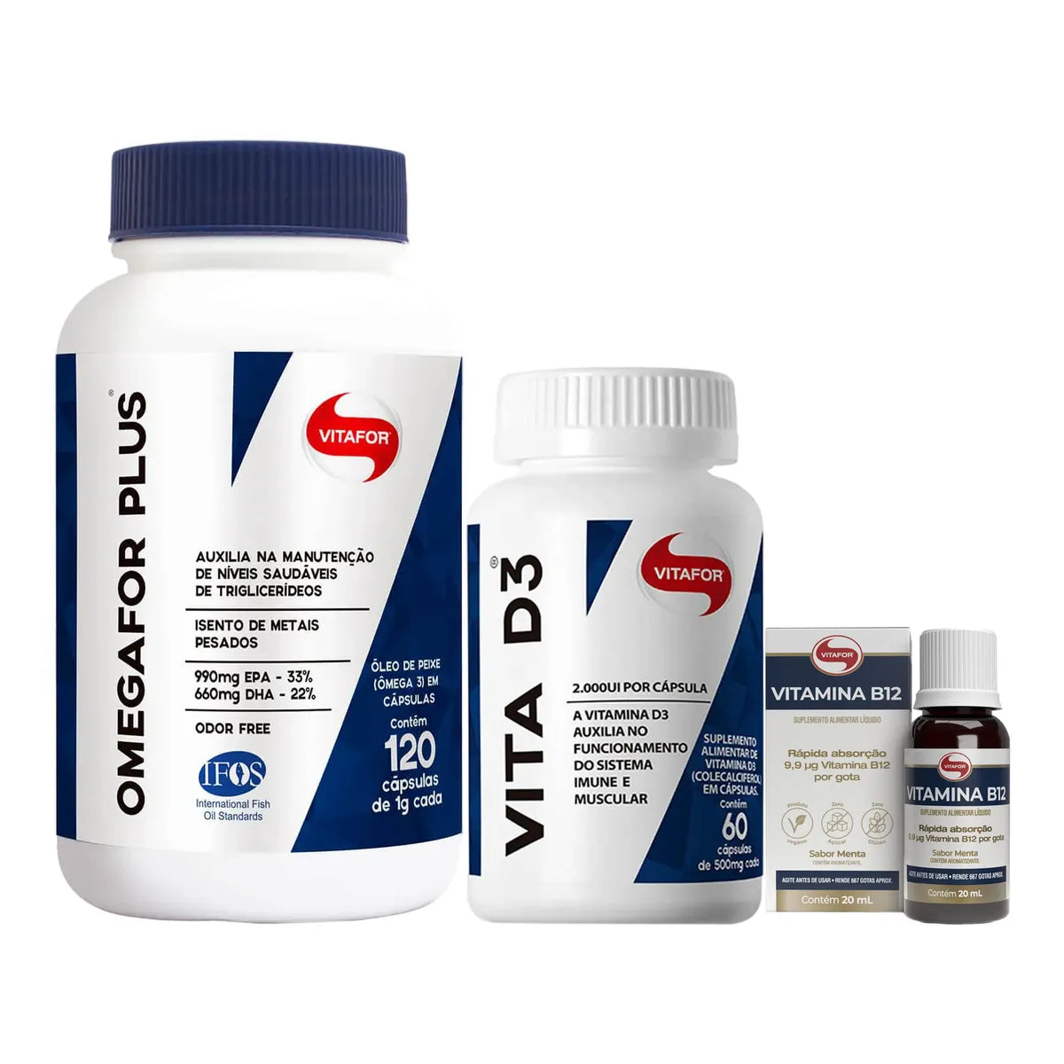 Kit Vitafor Ômega 3 Omegafor Plus 1g 120 cápsulas + Vitamina D 2.000UI 60 cápsulas + Vitamina B12 Menta Gotas 20ml
